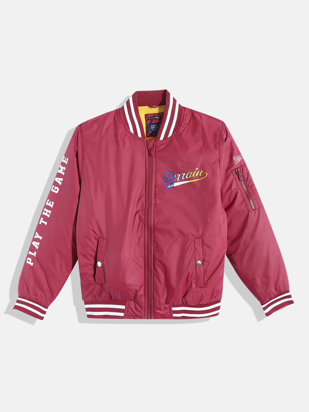 

Indian Terrain Boys Maroon & White Brand Logo Embroidered Varsity Jacket