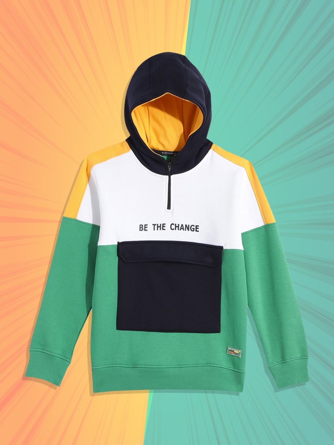 

Indian Terrain Boys White & Green Colourblocked Hooded Sweatshirt