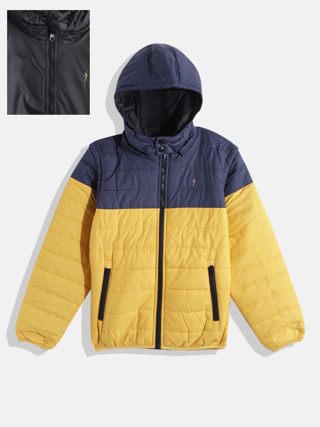 

Indian Terrain Teen Boys Yellow & Navy Blue Colourblocked Reversible Padded Jacket