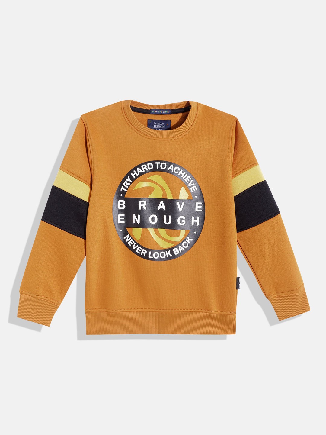 

Indian Terrain Boys Mustard Yellow Typography Printed Sweatshirt