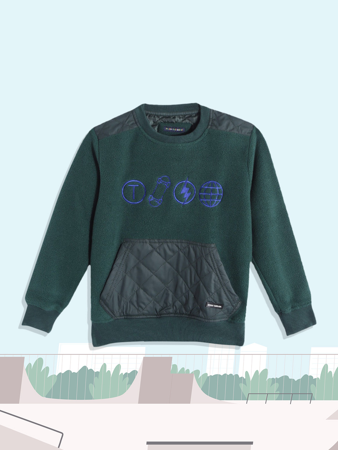 

Indian Terrain Boys Green Solid Sweatshirt with Applique Detail