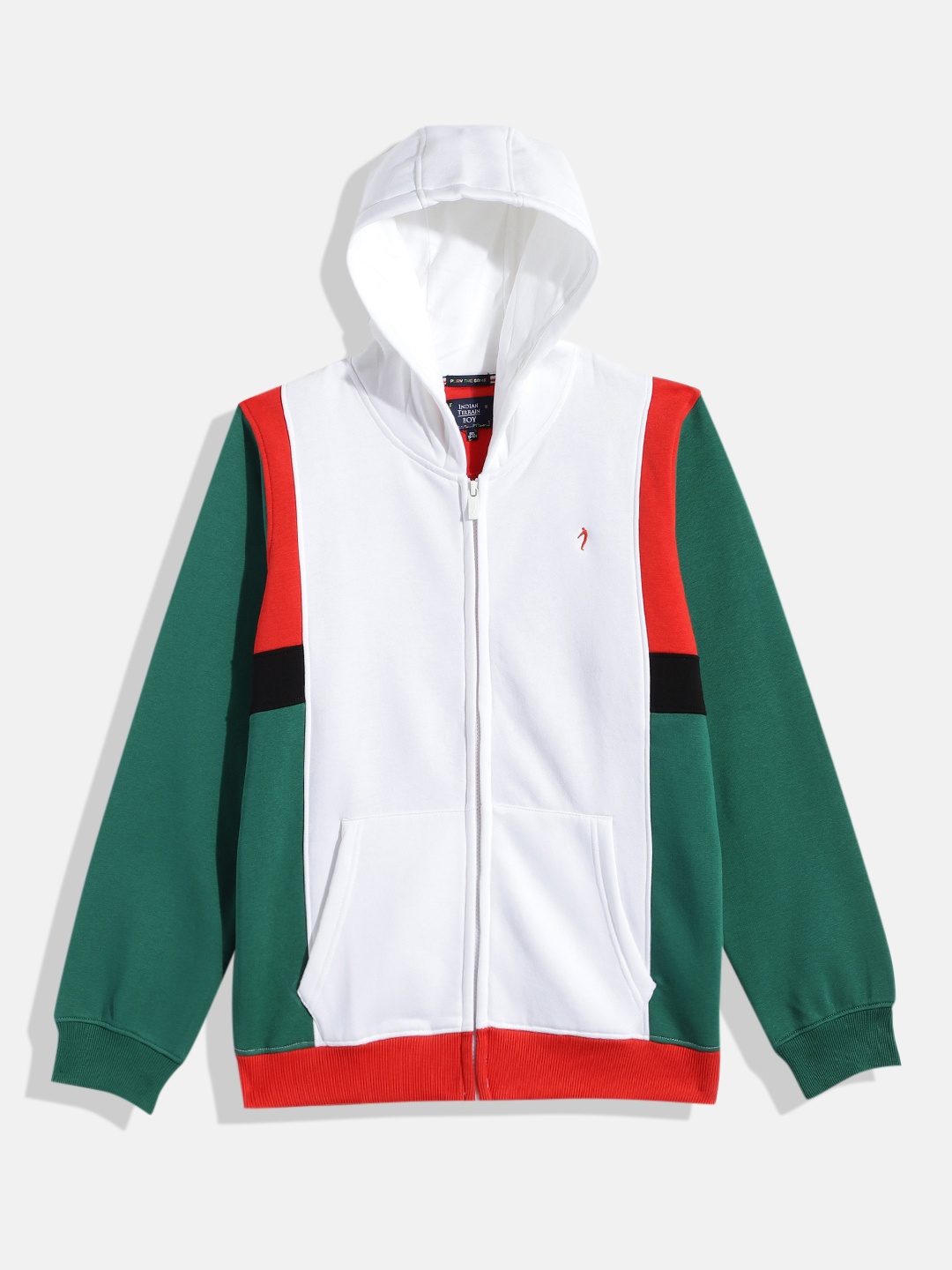 

Indian Terrain Boys White & Green Colourblocked Hooded Sweatshirt