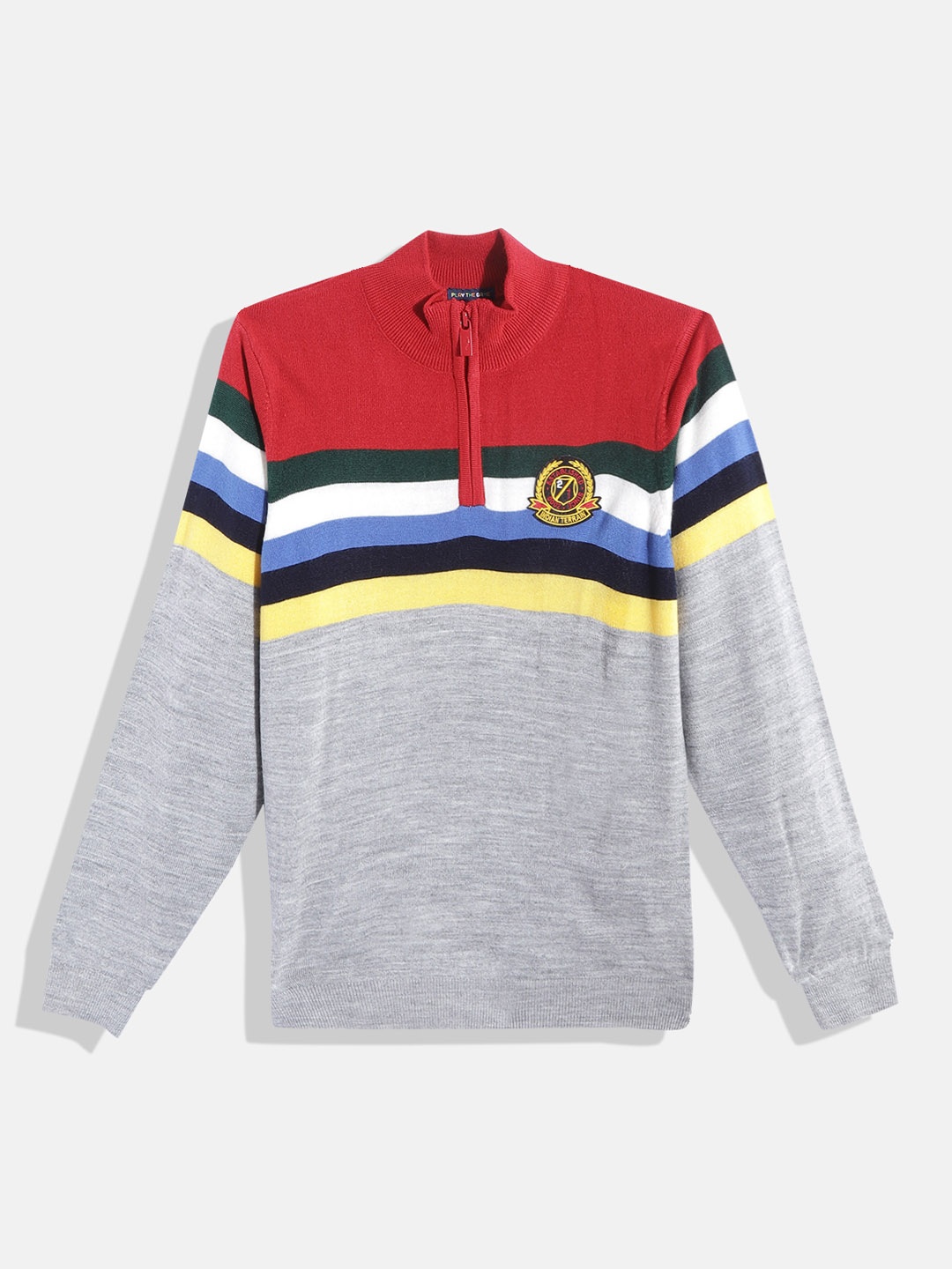 

Indian Terrain Boys Grey & Red Striped Pullover with Applique Detail