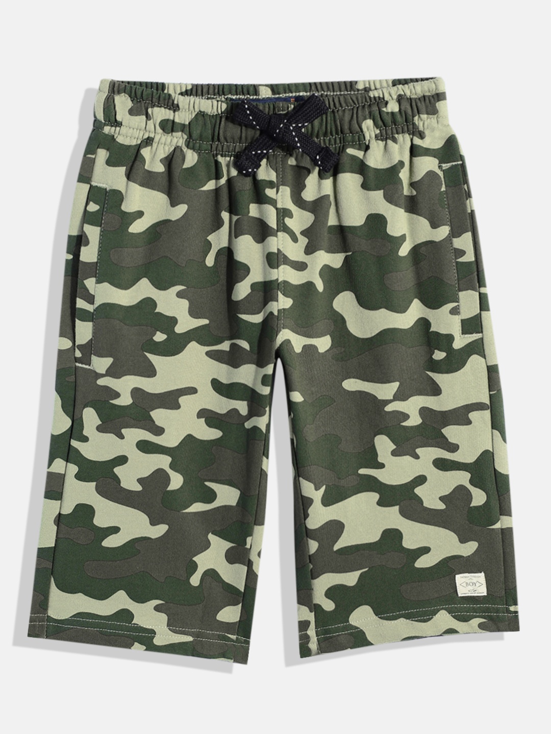 

Indian Terrain Boys Camouflage Print Regular Fit Mid-Rise Pure Cotton Shorts, Olive