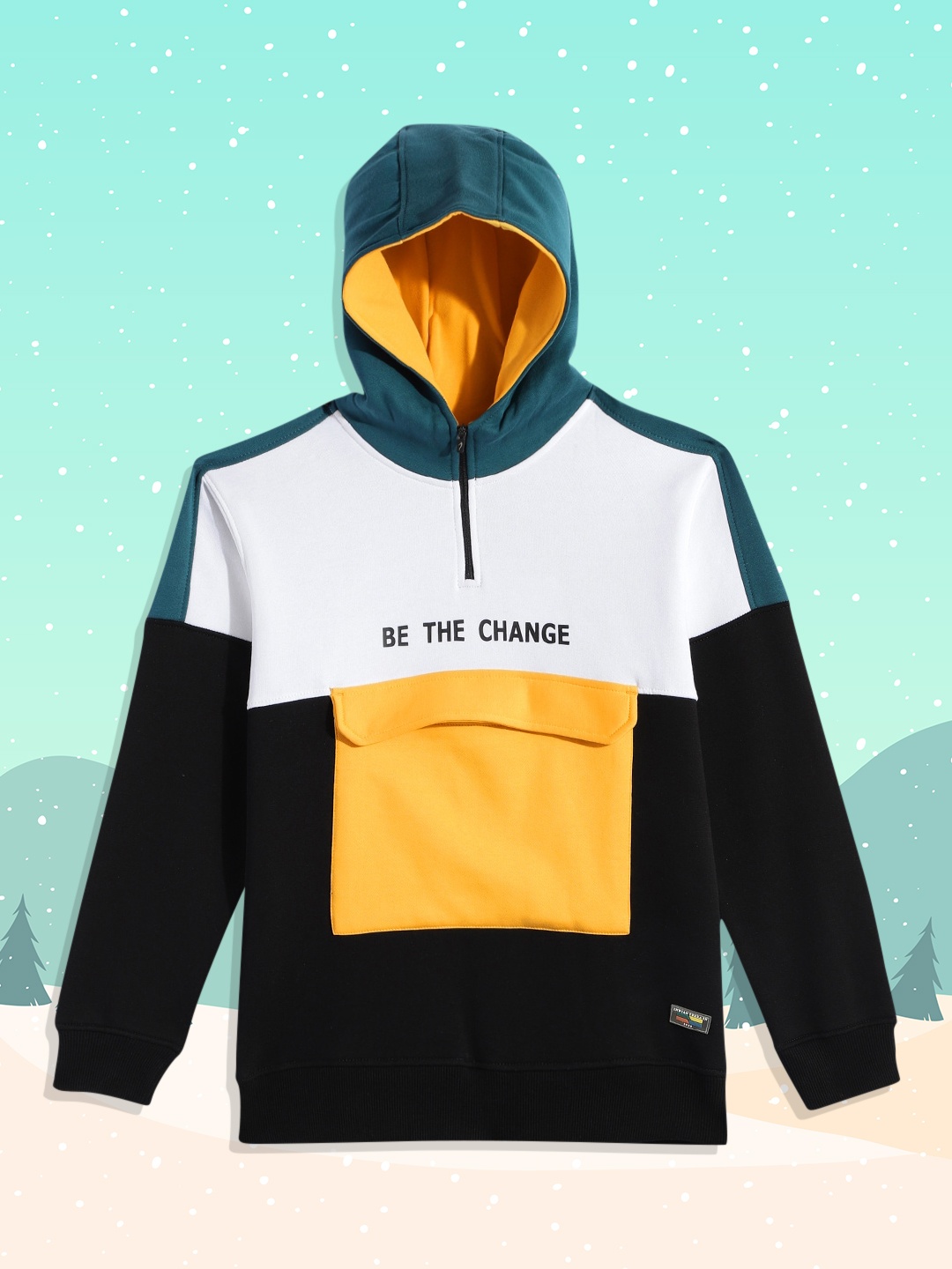 

Indian Terrain Boys Black and White Colourblocked Hooded Sweatshirt