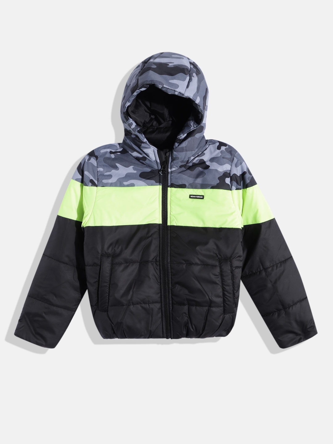 

Indian Terrain Boys Black & Grey Colourblocked & Camoflague Print Puffer Jacket