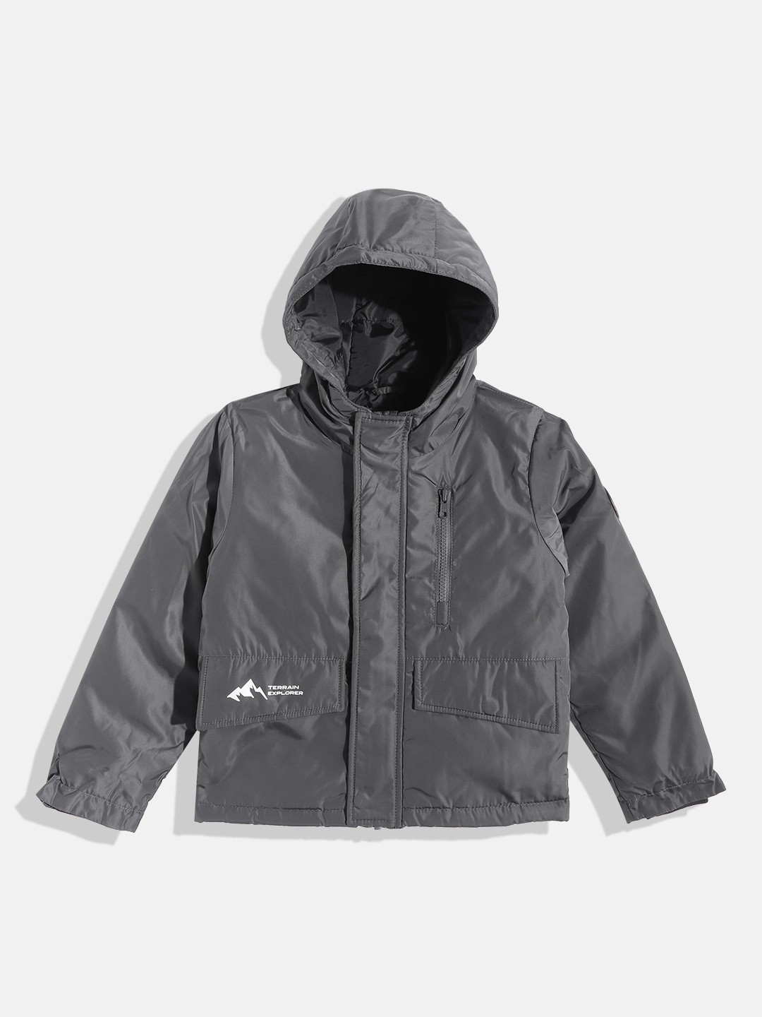 

Indian Terrain Boys Grey Solid Hooded Padded Jacket