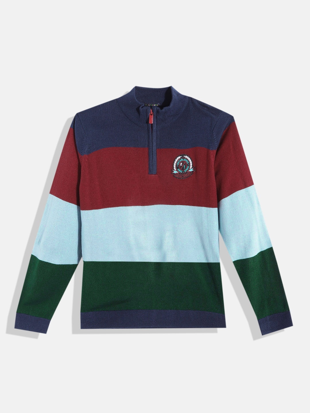 

Indian Terrain Boys Blue & Red Striped Pullover with Applique Detail