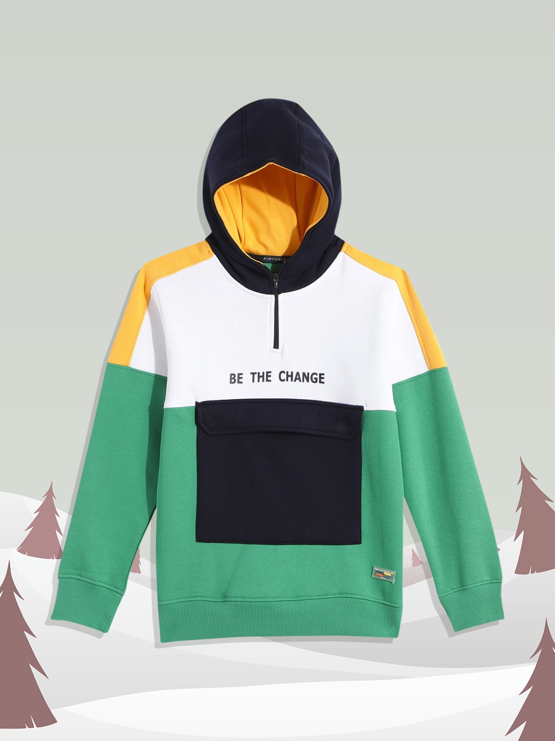 

Indian Terrain Boys Green and White Colourblocked Hooded Sweatshirt