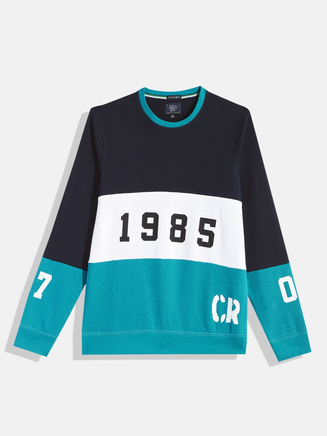 

Indian Terrain Boys Navy Blue and White Colourblocked Sweatshirt