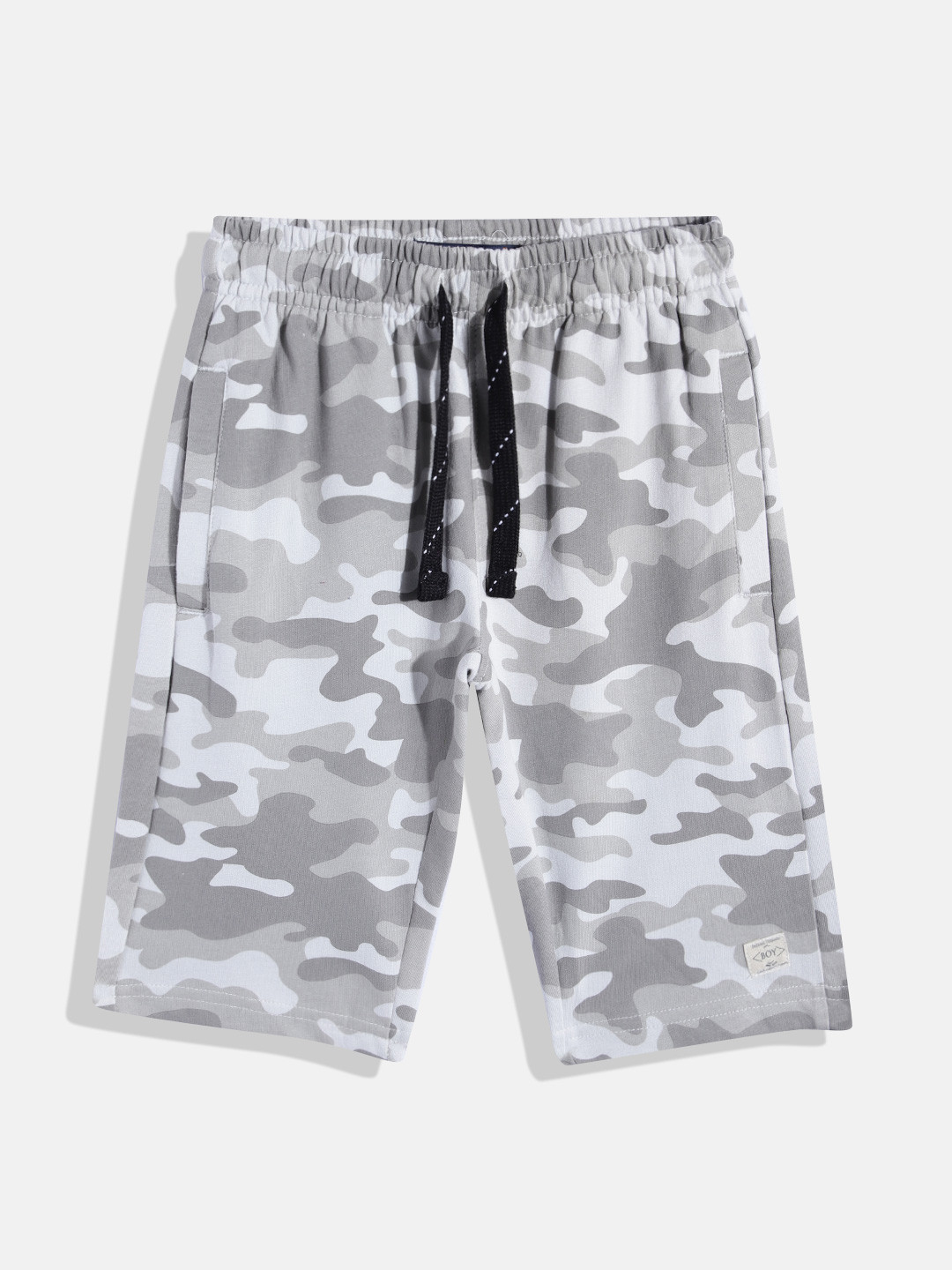 

Indian Terrain Boys Pure Cotton Camouflage Printed Shorts, Grey
