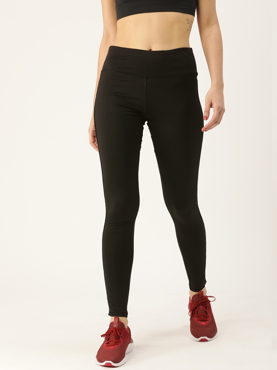 

FOREVER 21 Women Black Solid Leggings with Side Mesh Trim