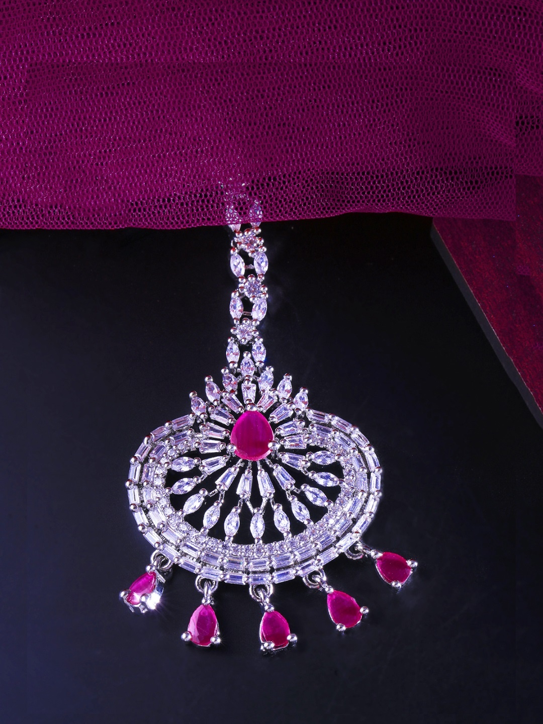 

Yellow Chimes Women Silver-Plated American Diamond Studded Handcrafted Maang Tikka, Pink