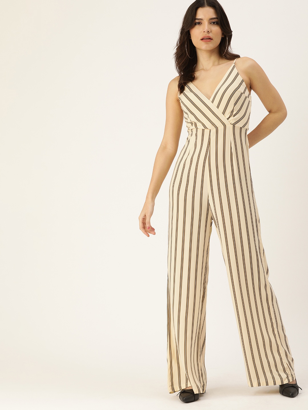 

FOREVER 21 Beige & Olive Green Striped Basic Jumpsuit