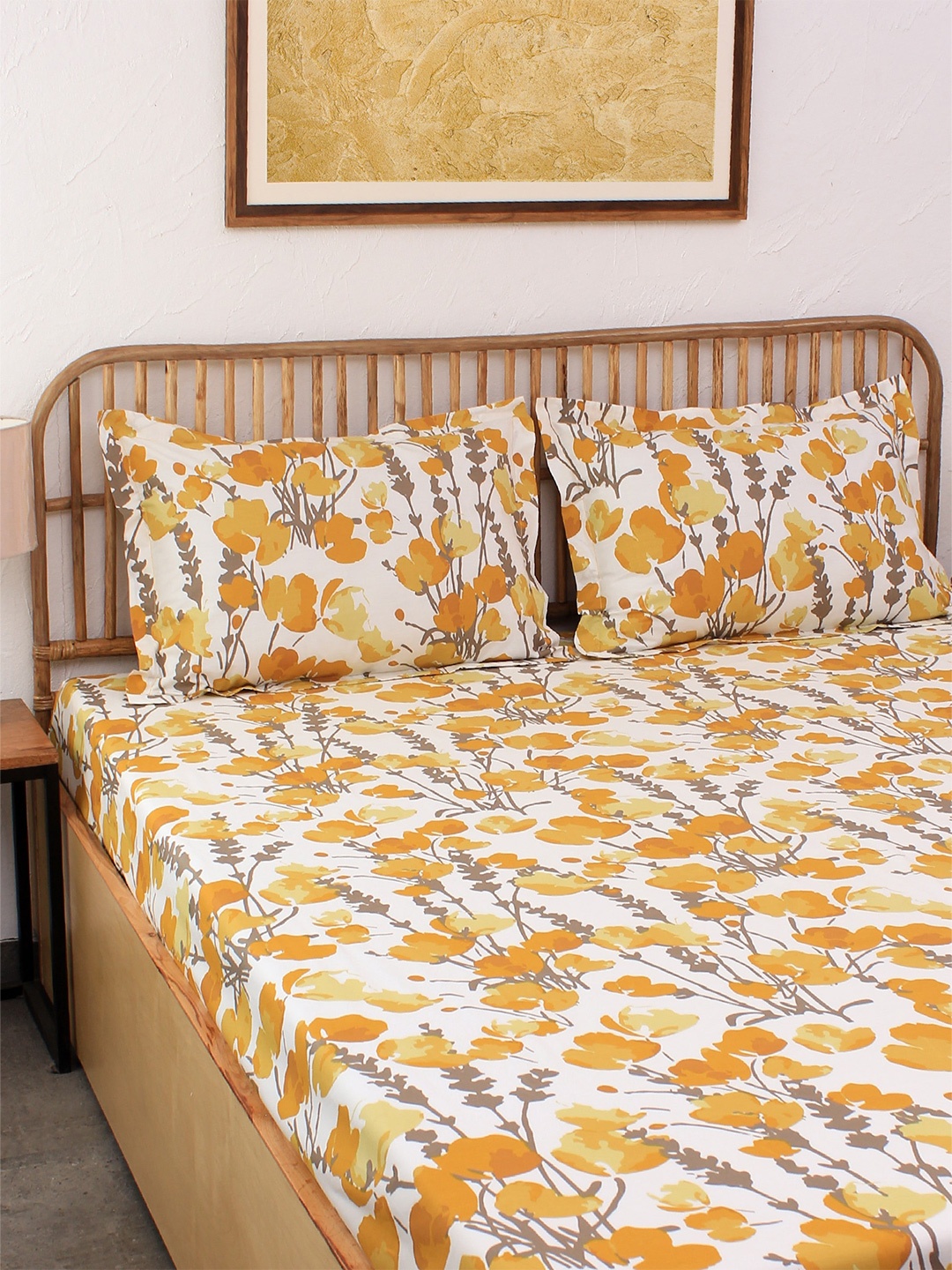 

House This Yellow & White Floral Pure Cotton 180 TC Single Bedsheet With 1 Pillow Covers