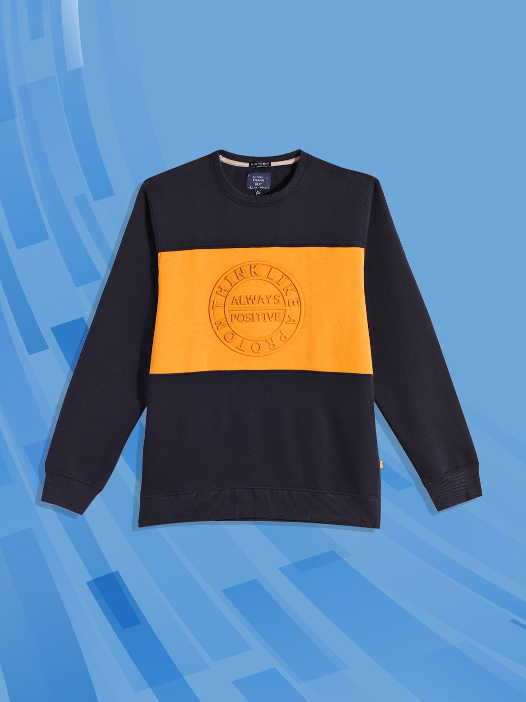 

Indian Terrain Boys Navy Blue and Orange Colourblocked Sweatshirt