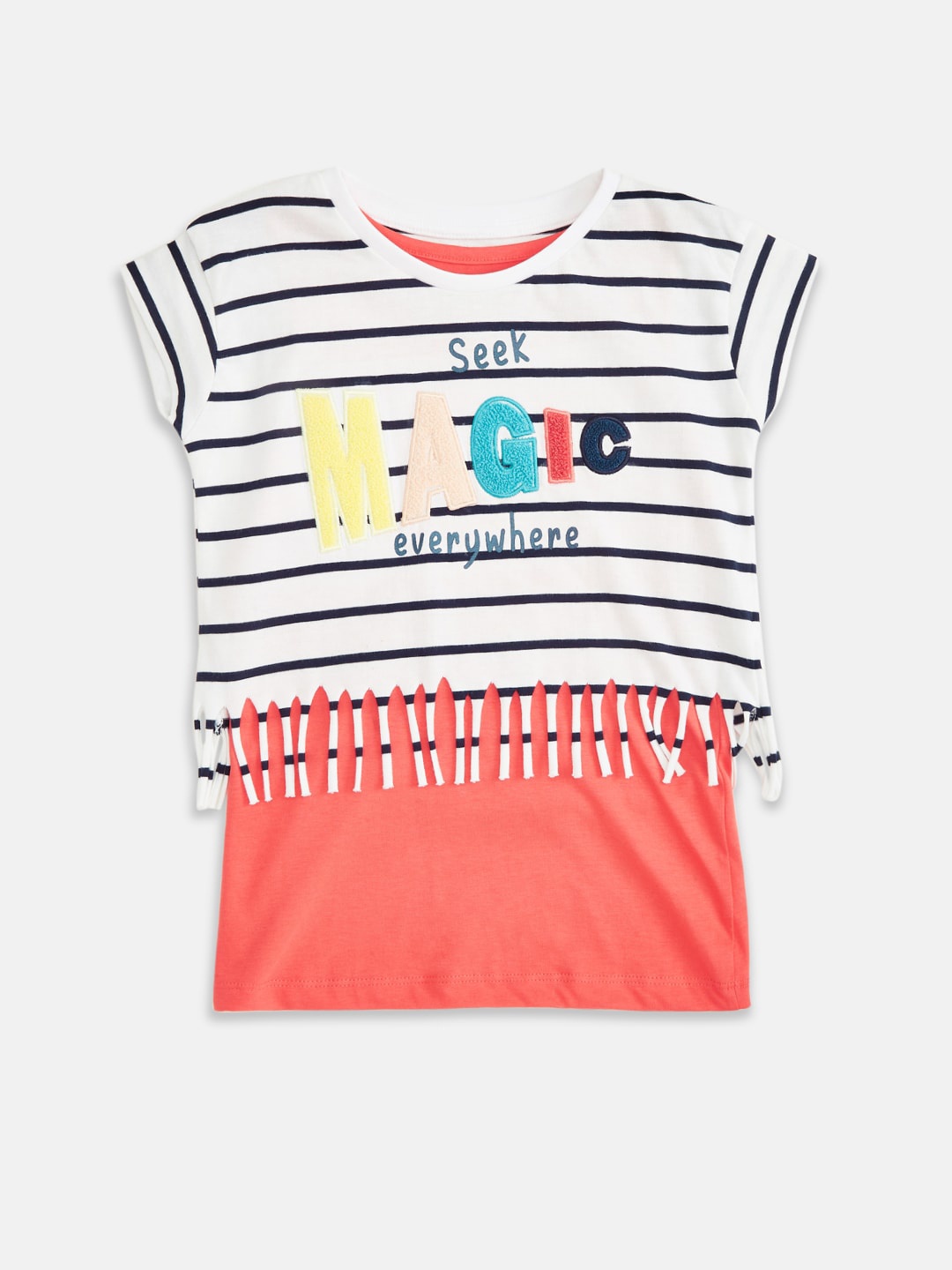 

Pantaloons Junior Girls Off White Striped Applique Pure Cotton Layered Pure Cotton T-shirt