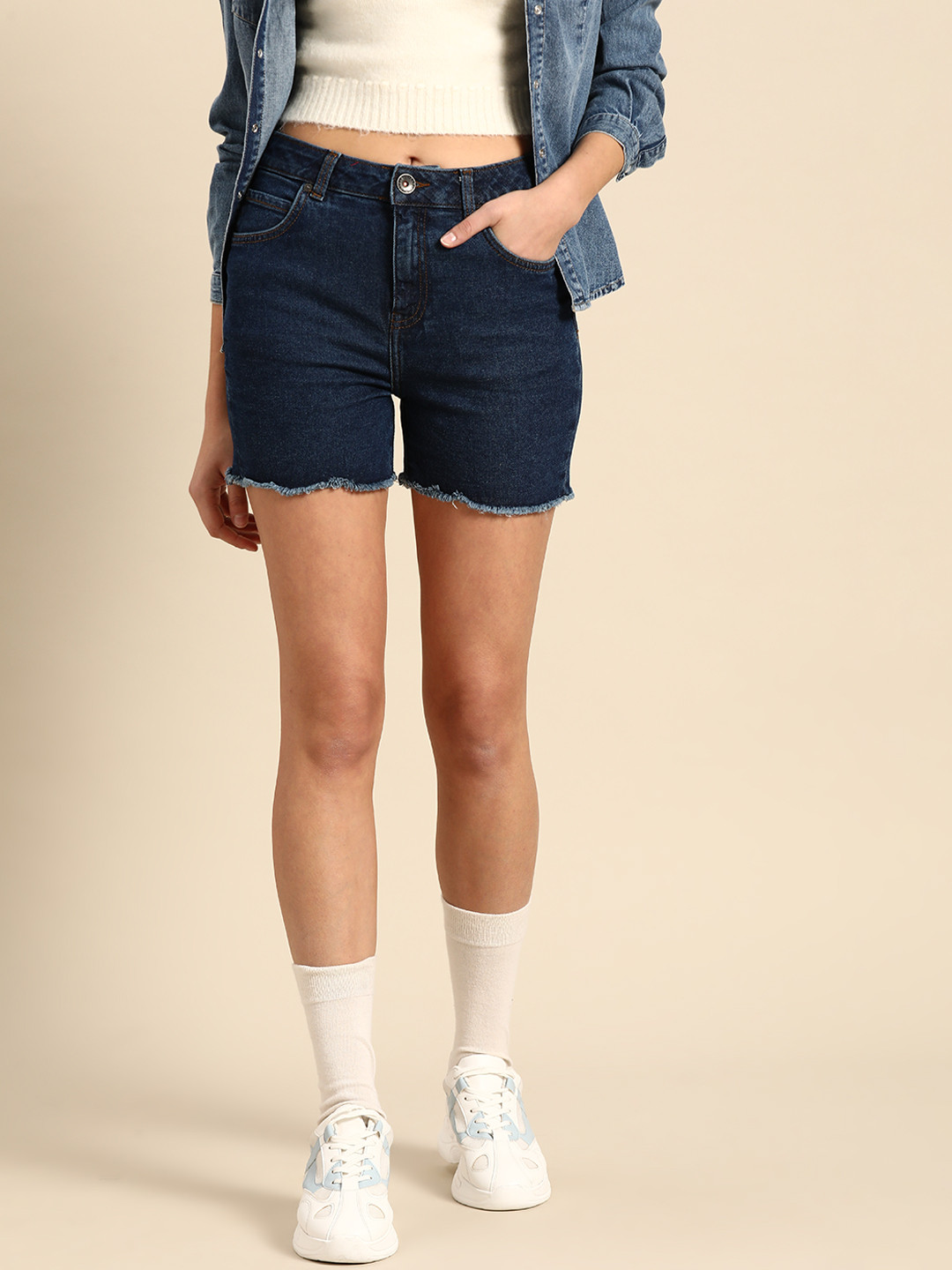 

United Colors of Benetton Women Navy Blue Raw Hem Denim Shorts