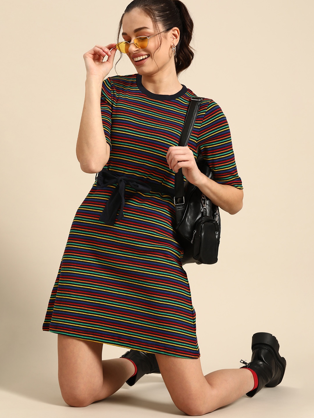 

United Colors of Benetton Multicoloured Striped A-Line Dress with Belt, Multi