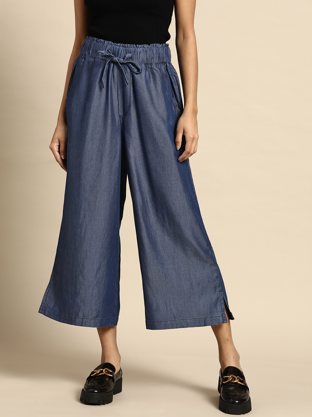 United Colors of Benetton Women Navy Blue Flared Pleated Culottes Trousers
