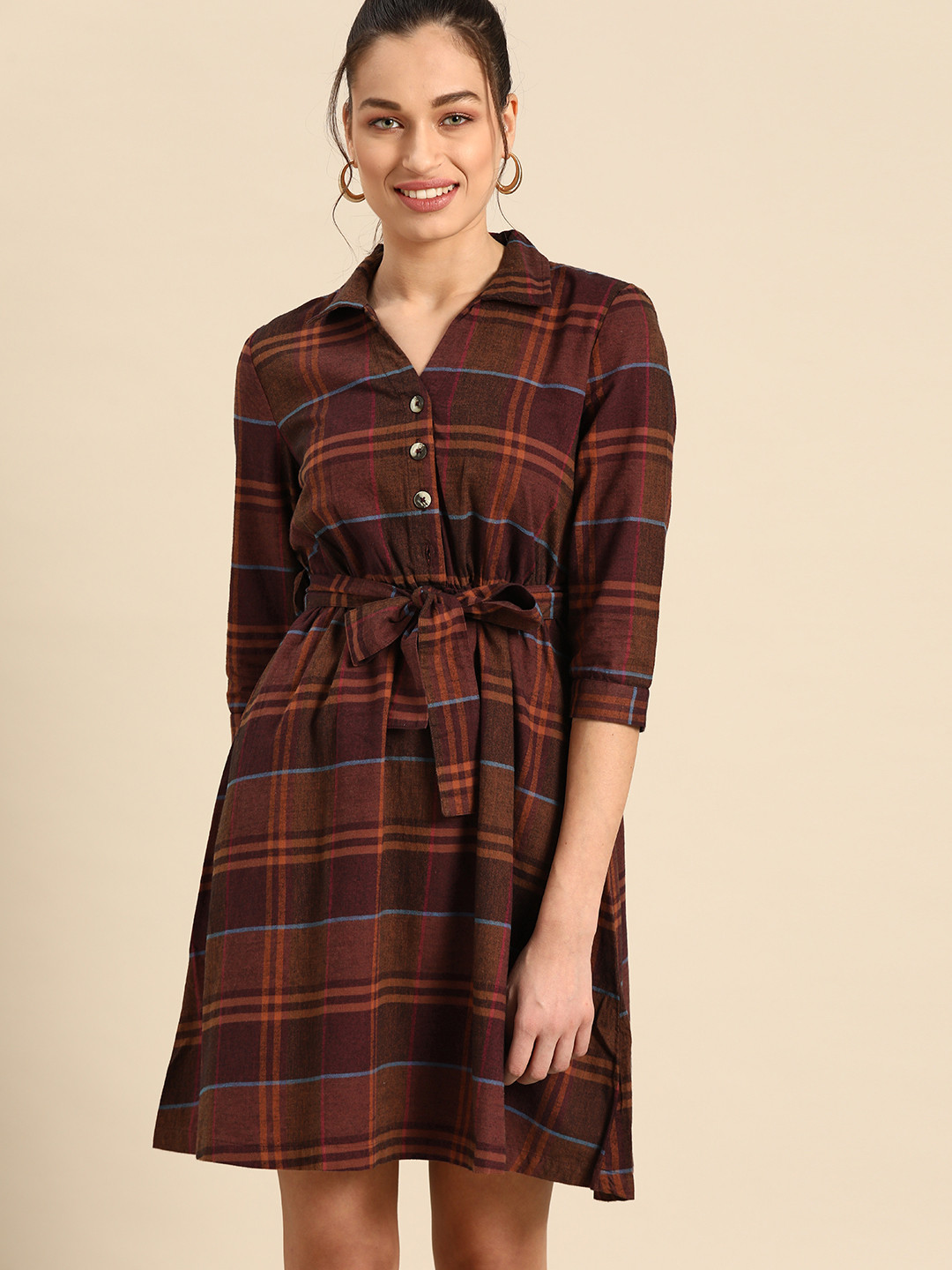 

United Colors of Benetton Brown & Maroon Pure Cotton Checked Flannel Shirt Dress with Belt