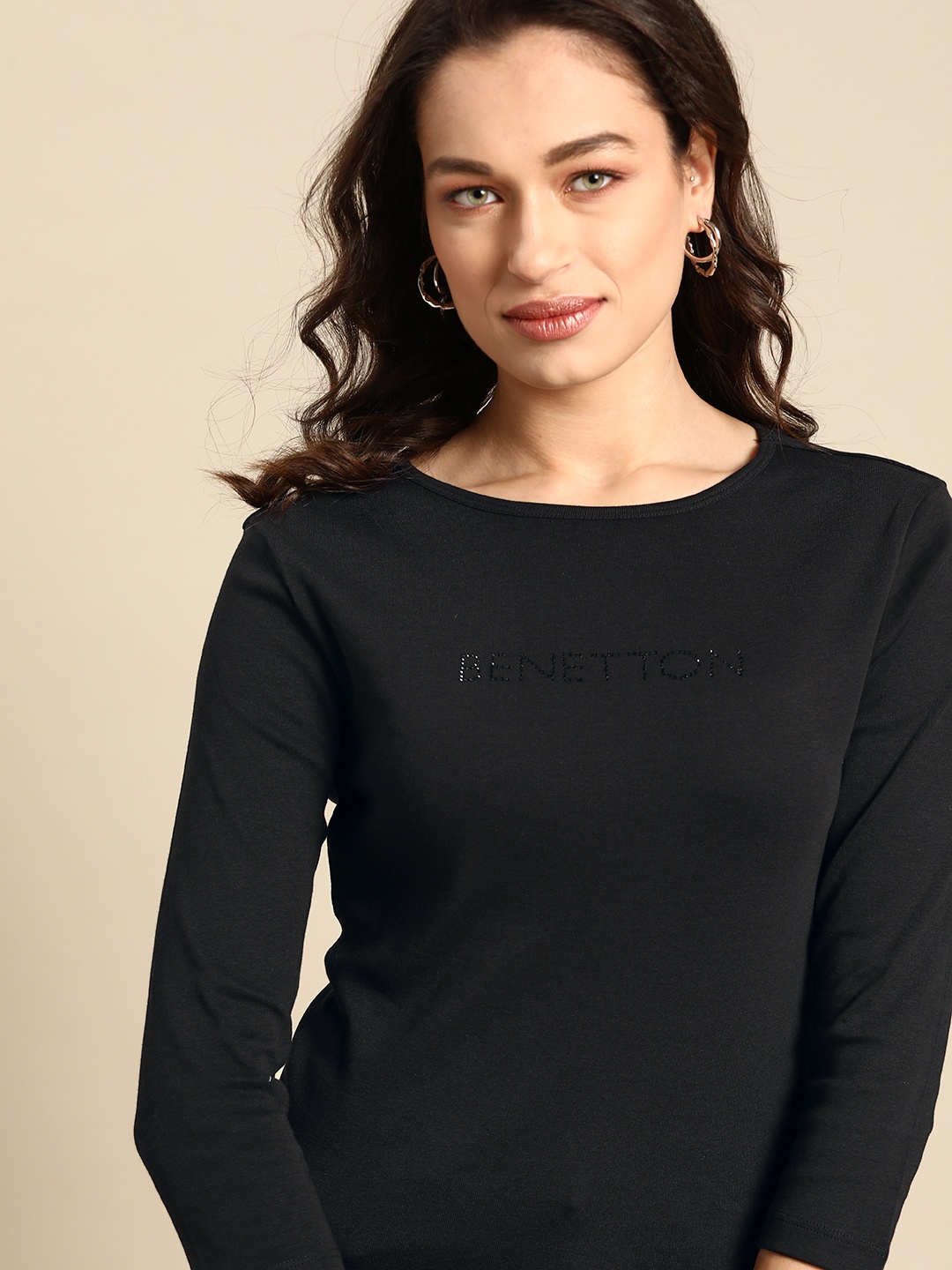 

United Colors of Benetton Women Black Brand Logo Embellished Pure Cotton T-shirt