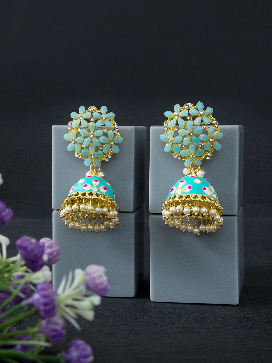 

Golden Peacock Turquoise Blue & Gold-Toned Dome Shaped Jhumkas Earrings