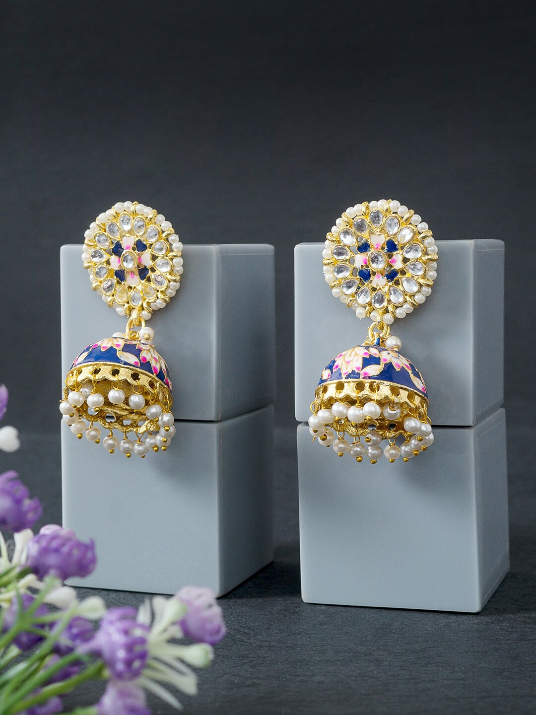 

Golden Peacock Navy Blue Contemporary Jhumkas Earrings