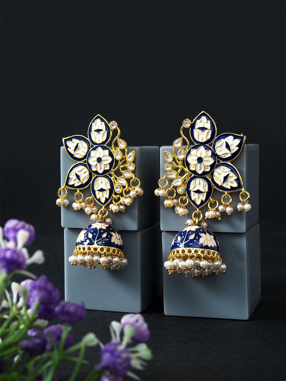 

Golden Peacock Navy Blue Contemporary Jhumkas Earrings