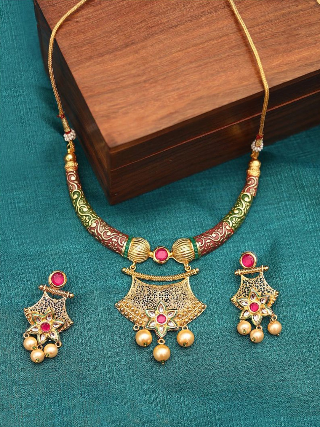 

Efulgenz Gold-Plated Red & Green Kundan Stone Studded Enamelled Jewellery Set