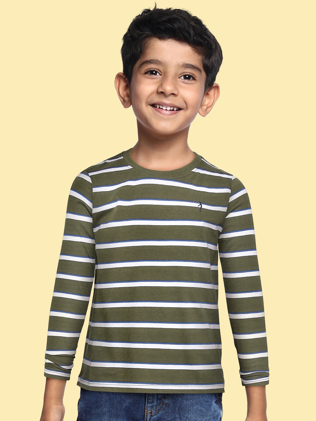 

Indian Terrain Boys Olive Green & White Striped Pure Cotton T-shirt