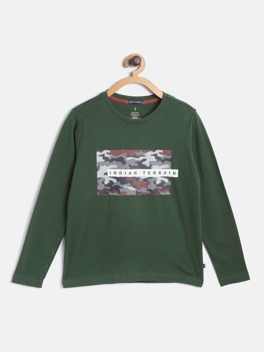 

Indian Terrain Boys Green Cotton Camouflage Printed Pure Cotton T-shirt