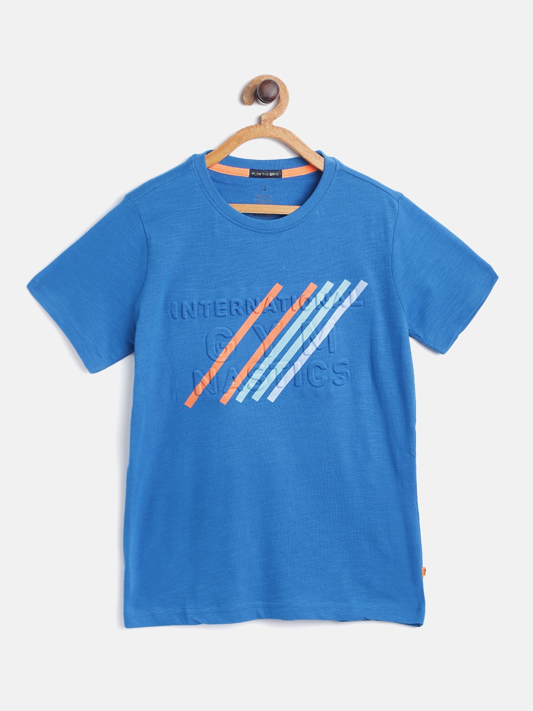 

Indian Terrain Boys Blue Striped Embossed Cotton Pure Cotton T-shirt