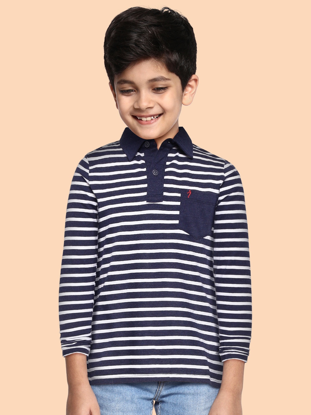 

Indian Terrain Boys Navy Blue & White Striped Polo Collar Pure Cotton T-shirt