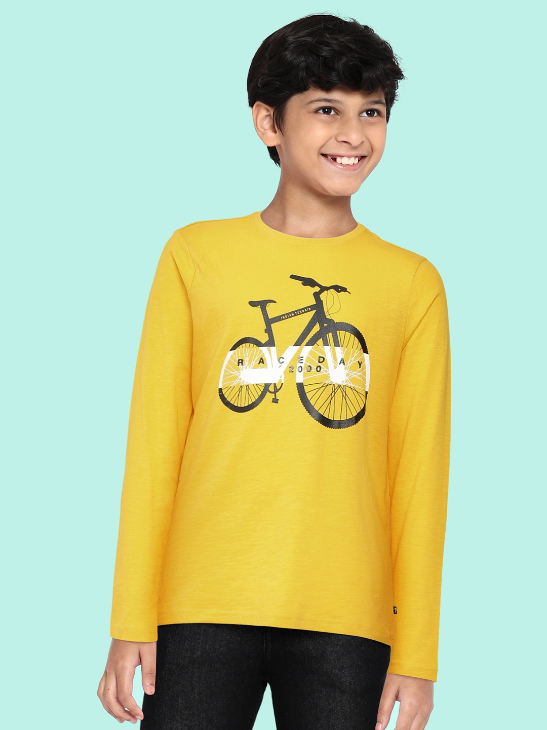 

Indian Terrain Boys Mustard Yellow Black Pure Cotton Bicycle Print Pure Cotton T-shirt