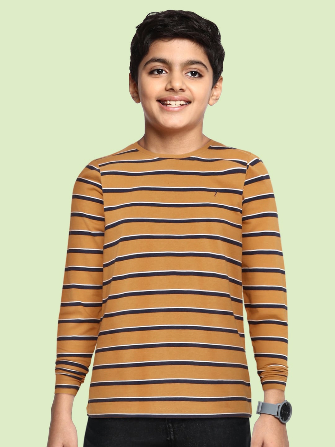 

Indian Terrain Boys Mustard Yellow & Navy Blue Striped Pure Cotton T-shirt