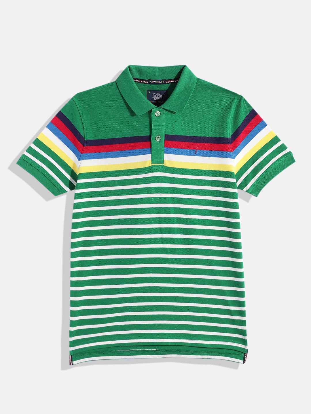 

Indian Terrain Boys Striped Polo Collar Pure Cotton T-shirt, Green