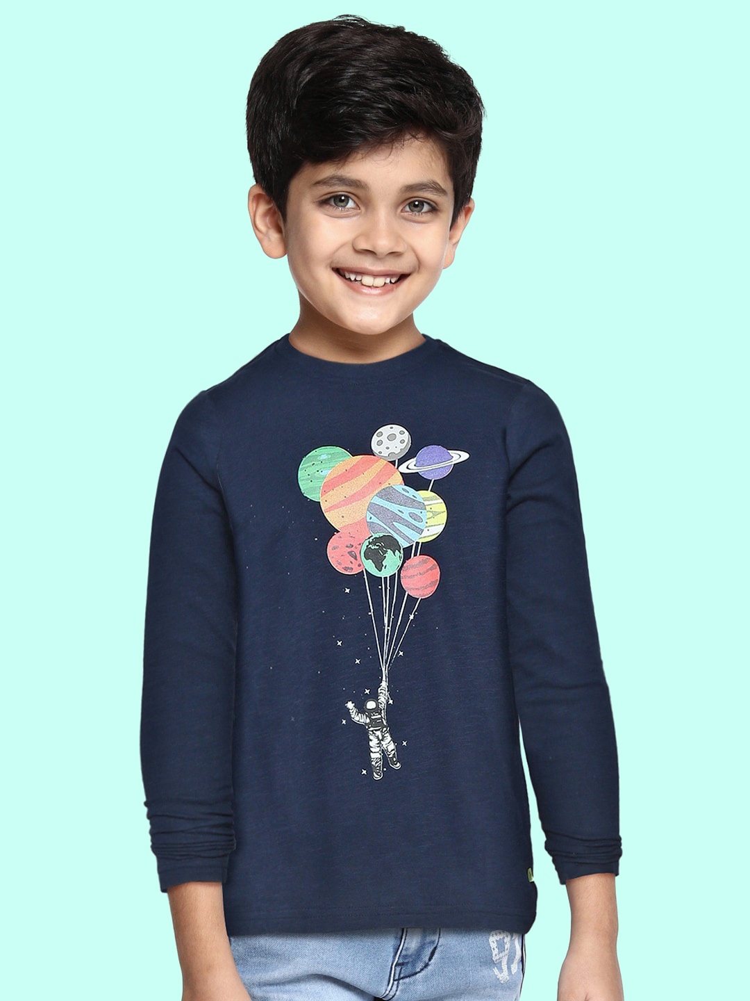 

Indian Terrain Boys Navy Blue & Orange Printed Pure Cotton T-shirt