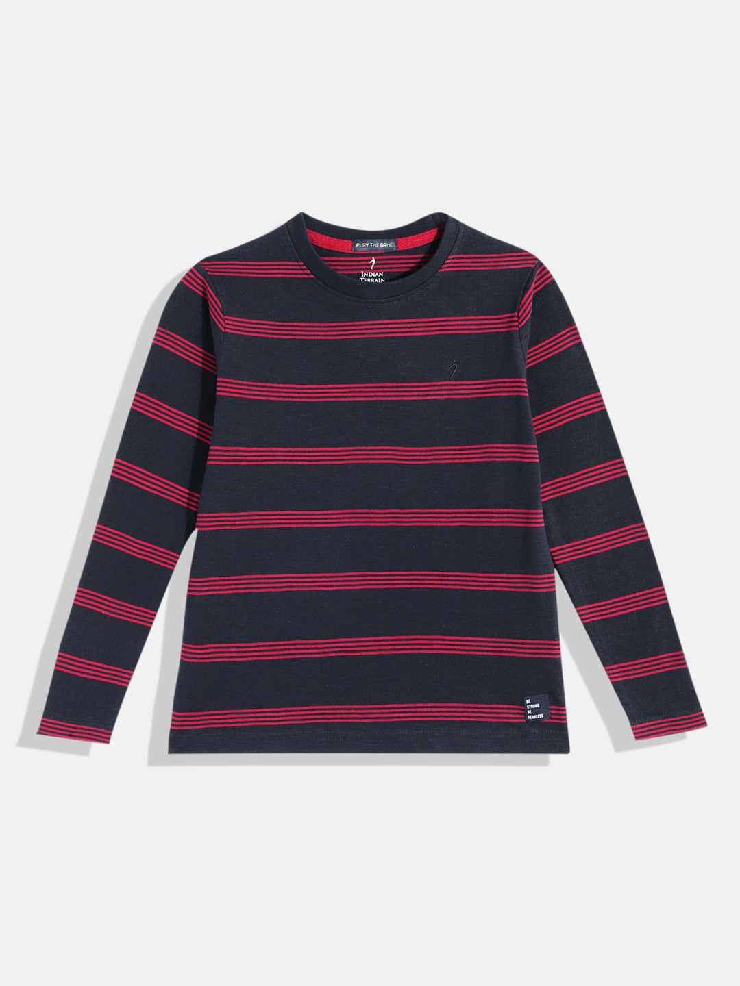 

Indian Terrain Boys Striped Pure Cotton T-shirt, Navy blue