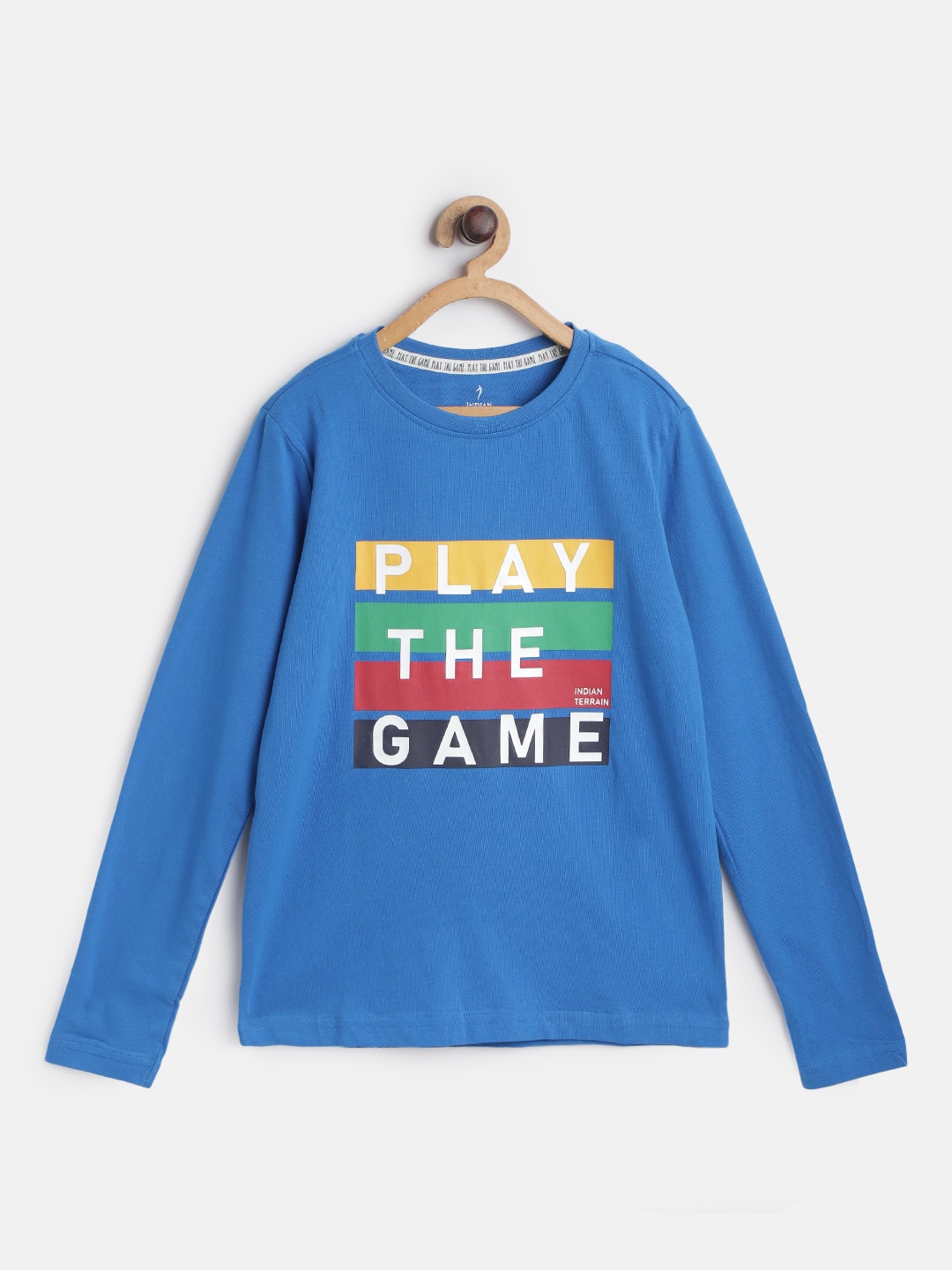

Indian Terrain Boys Blue Green Typography Printed Cotton Pure Cotton T-shirt