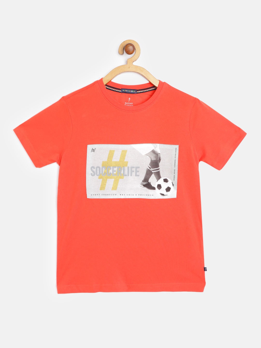

Indian Terrain Boys Orange Grey Pure Cotton Football Printed Pure Cotton T-shirt
