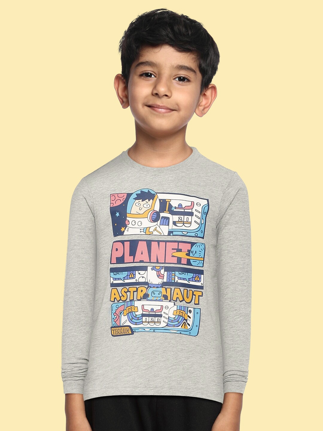 

Indian Terrain Boys Grey Melange Printed Pure Cotton T-shirt