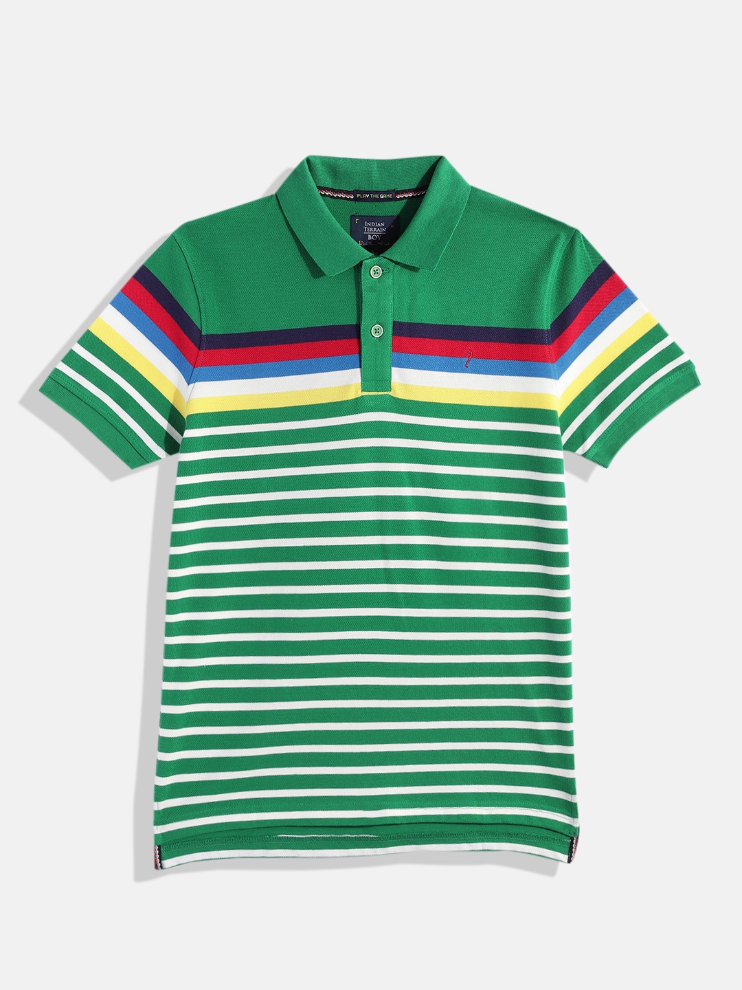 

Indian Terrain Boys Striped Polo Collar Pure Cotton T-shirt, Green