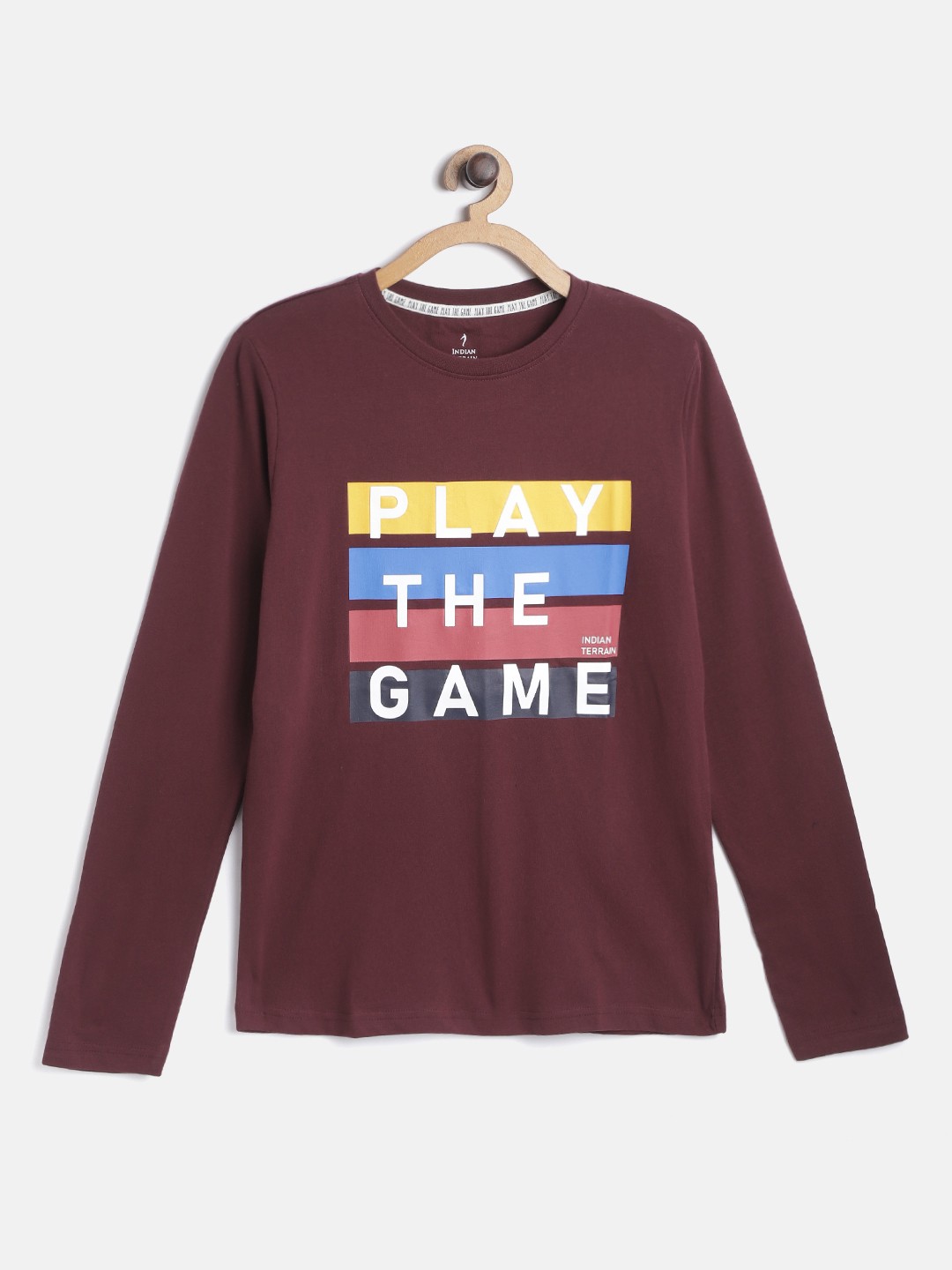 

Indian Terrain Boys Burgundy Yellow Typography Printed Cotton Pure Cotton T-shirt