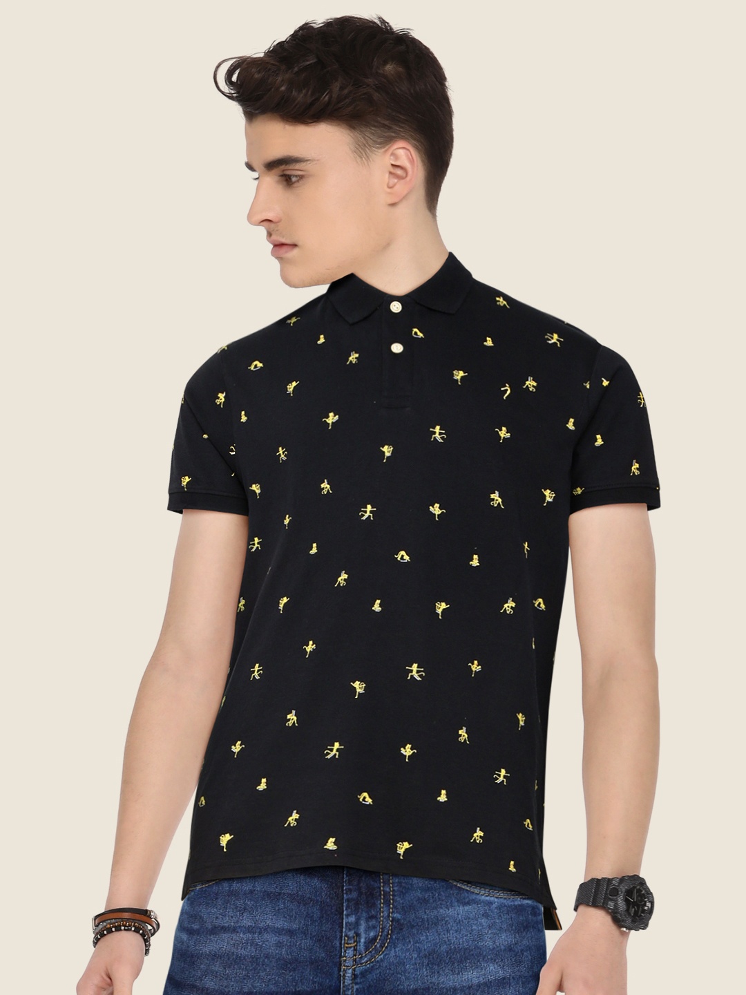 

Indian Terrain Boys Black Yellow Pure Cotton Printed Polo Collar Pure Cotton T-shirt