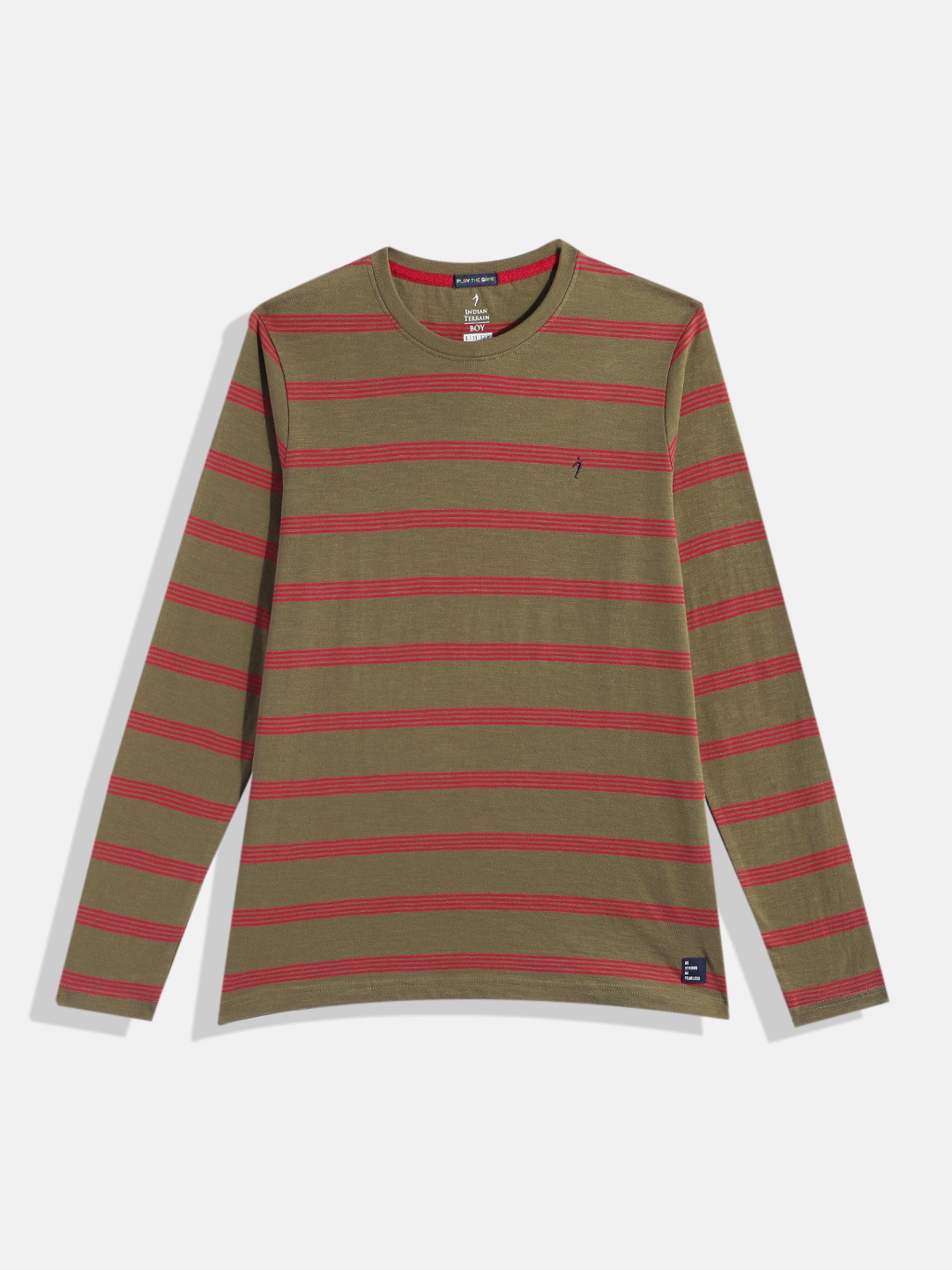 

Indian Terrain Boys Green Striped Pure Cotton T-shirt, Olive