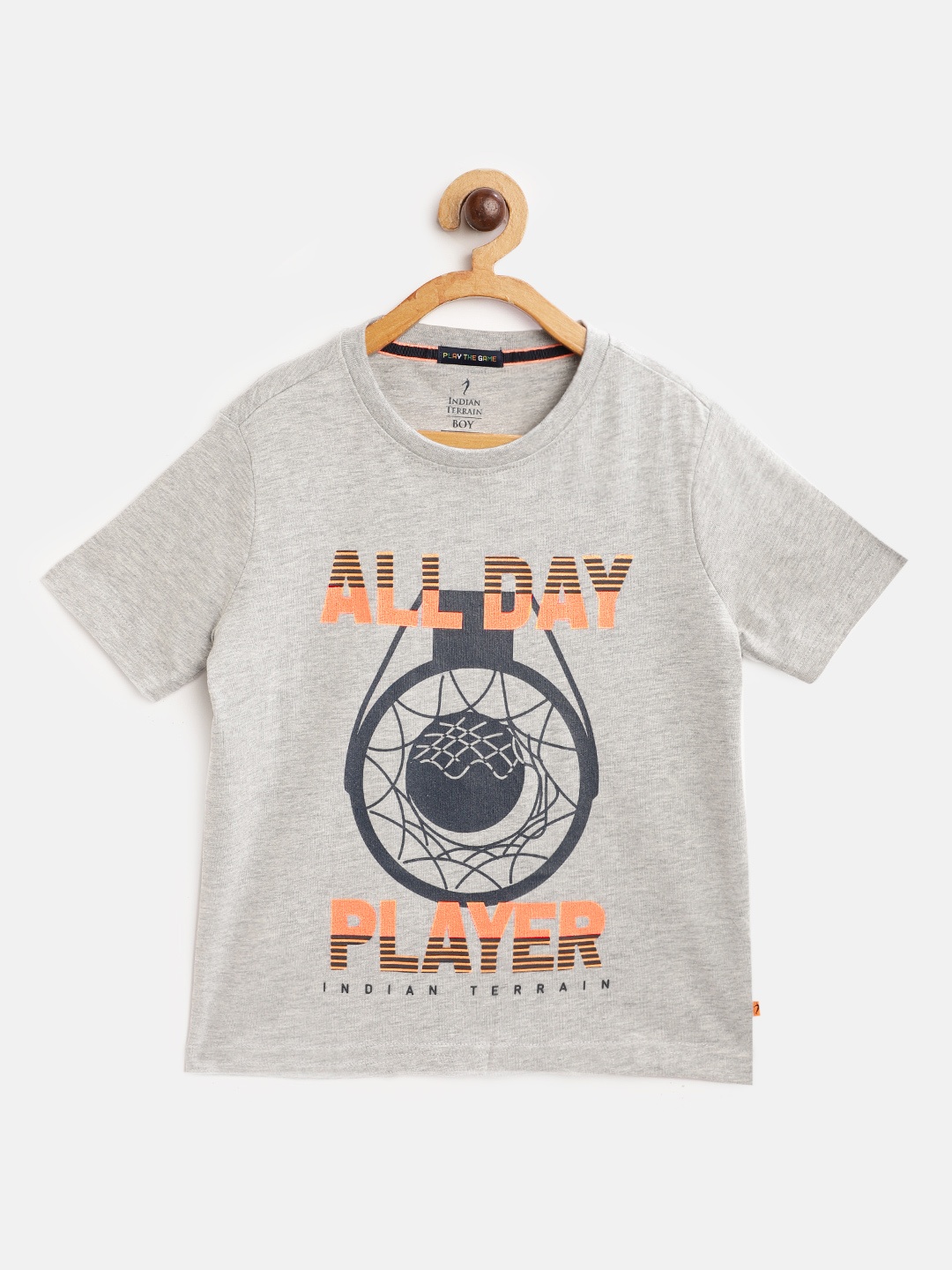 

Indian Terrain Boys Grey Melange Navy Blue Typography Printed Pure Cotton T-shirt