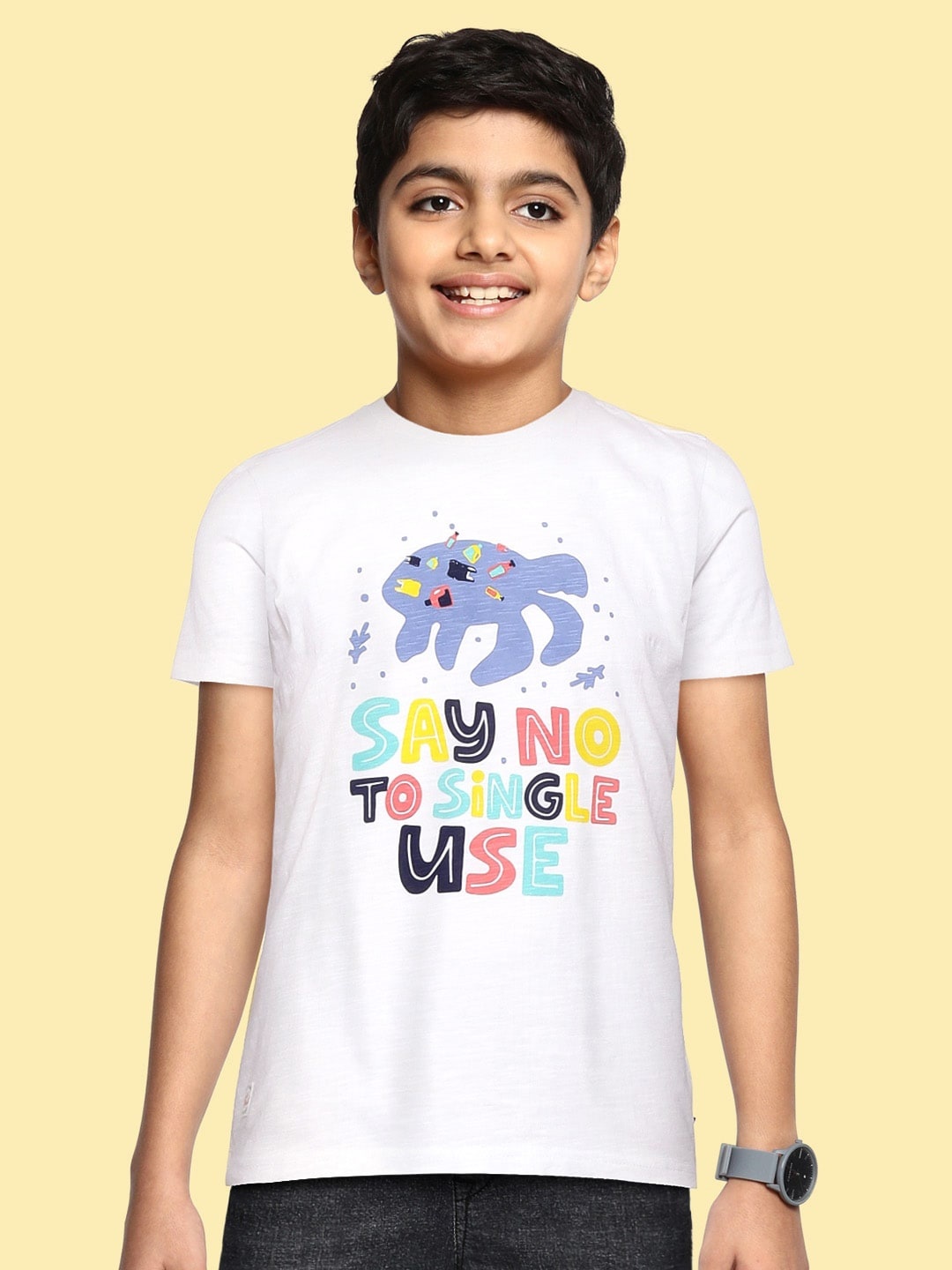 

Indian Terrain Boys White & Blue Typography Printed Pure Cotton T-shirt