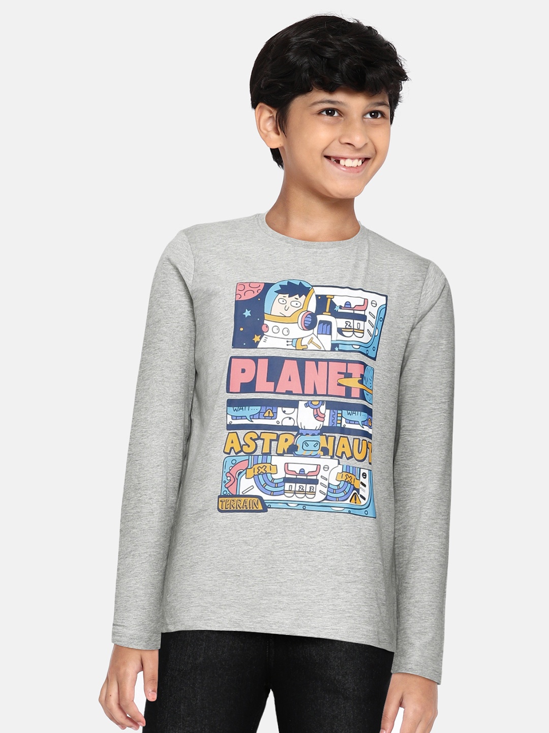 

Indian Terrain Boys Grey Melange Printed Pure Cotton T-shirt