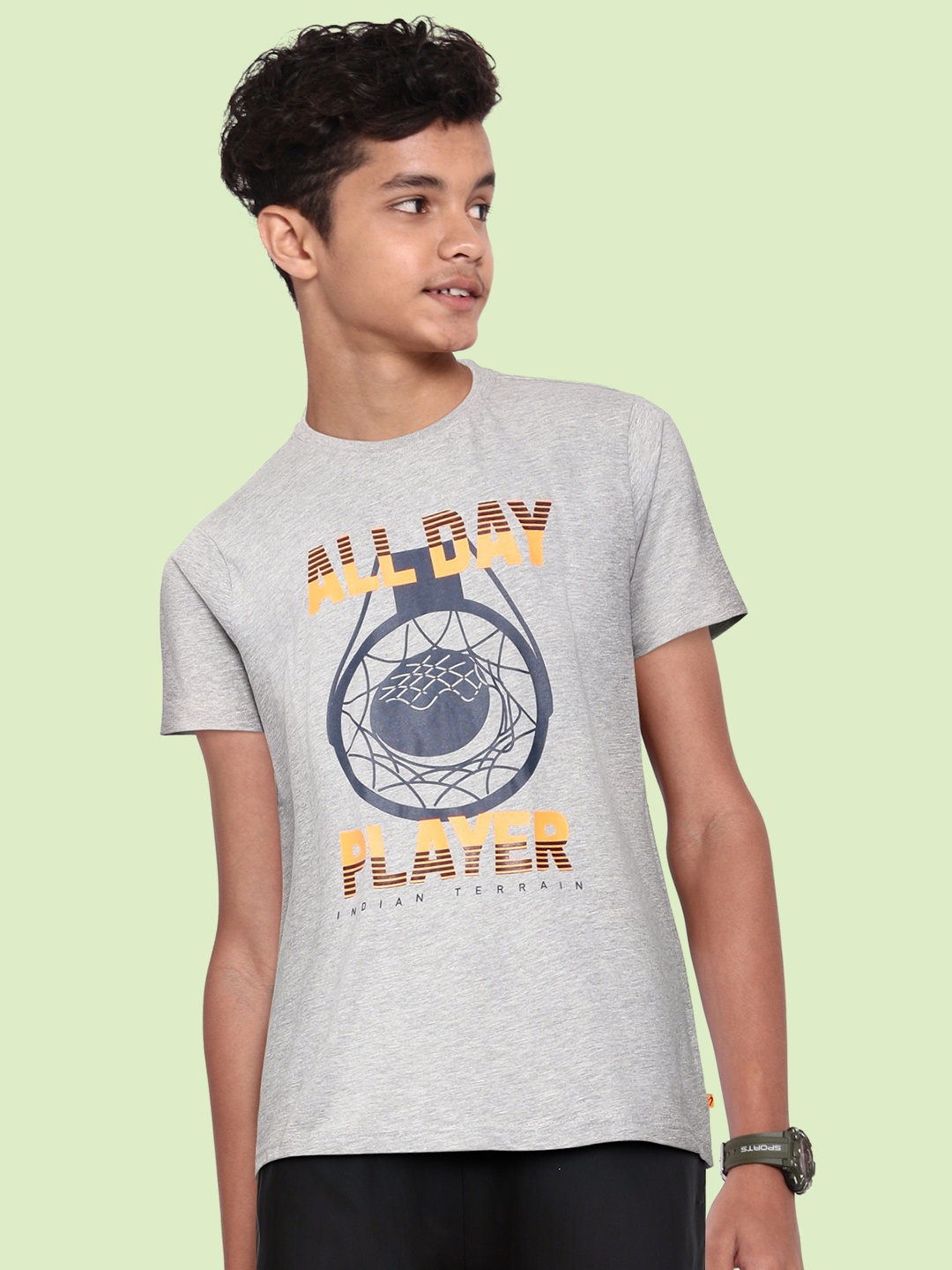 

Indian Terrain Boys Grey Melange Printed Pure Cotton T-shirt